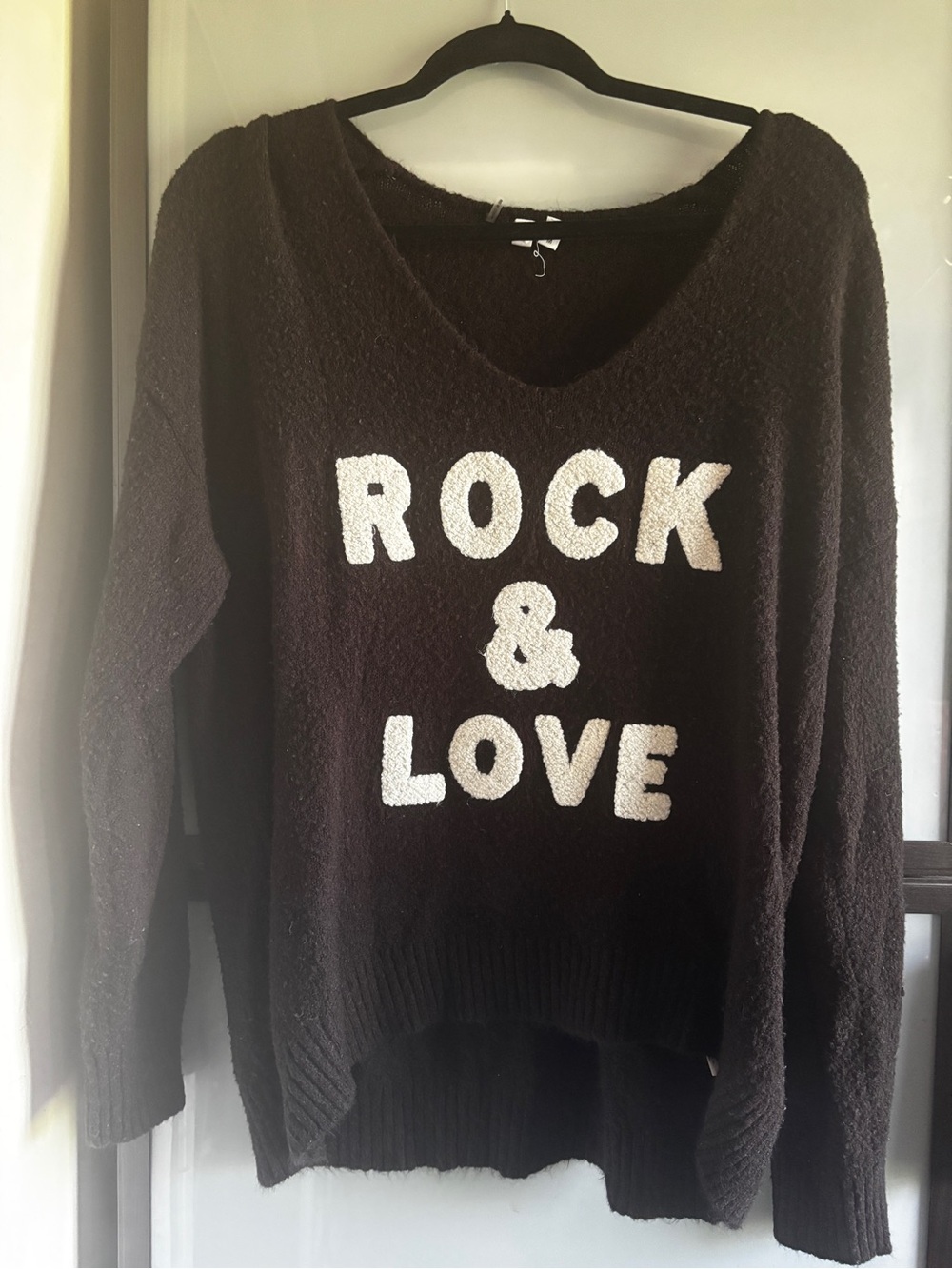 Elan Black V-Neck Sweater with White ROCK & LOVE Lettering